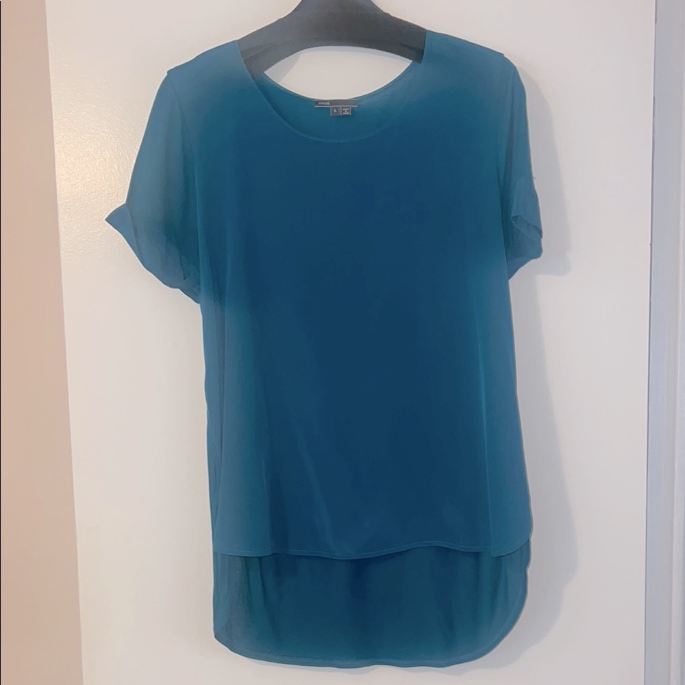 VINCE Silk Mixed Media High Low Teal Top Size Large